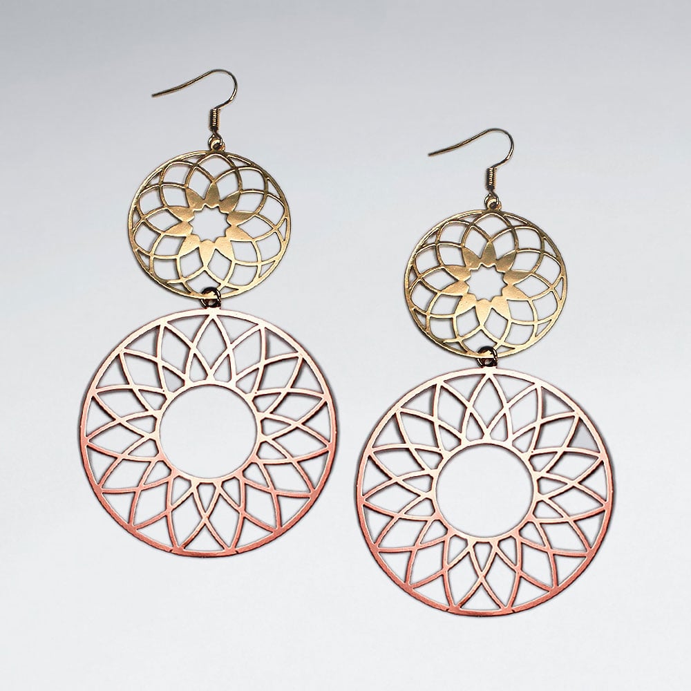 Brass Double Disc Gradual Openwork Designs Duel Tone Dangle Earrings