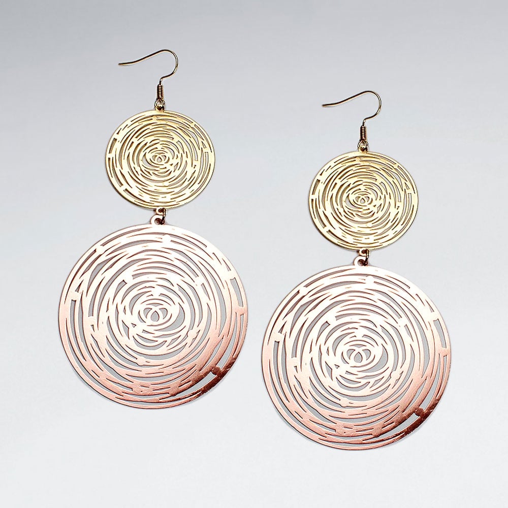 Brass Double Circles Gradual Abstract Spiral Two Tone Earrings