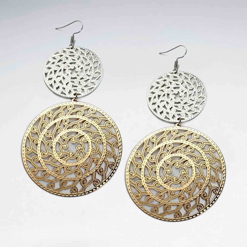 Brass Double Doubloon Gradual Size Duel Tone Openwork Dangle Earrings