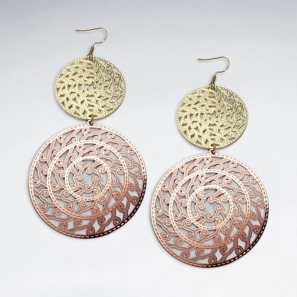 Brass Double Doubloon Gradual Size Duel Tone Openwork Dangle Earrings