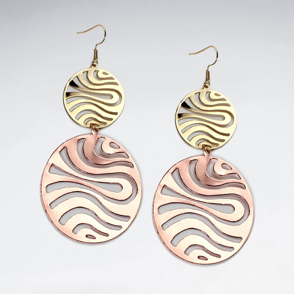 Brass Double Openwork Zebra Stripe Gradual Size Duel Tone Dangle Hook Earrings