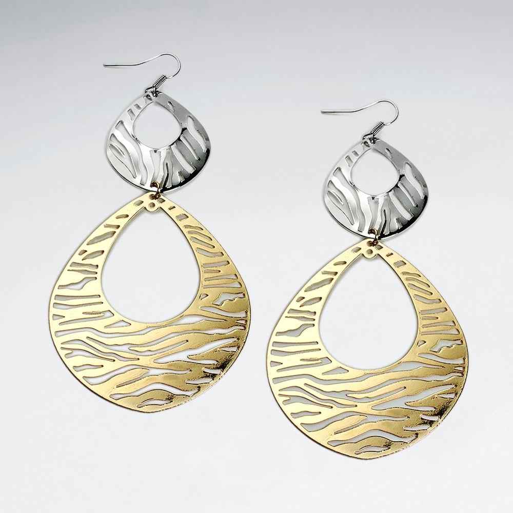 Brass Double Openwork Teardrops Filigree Gradual Size Duel Tone Dangle Earrings