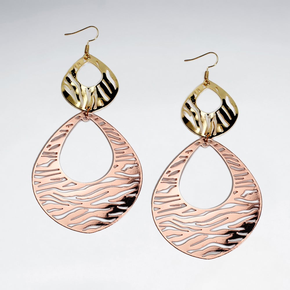 Brass Double Openwork Teardrops Filigree Gradual Size Duel Tone Dangle Earrings