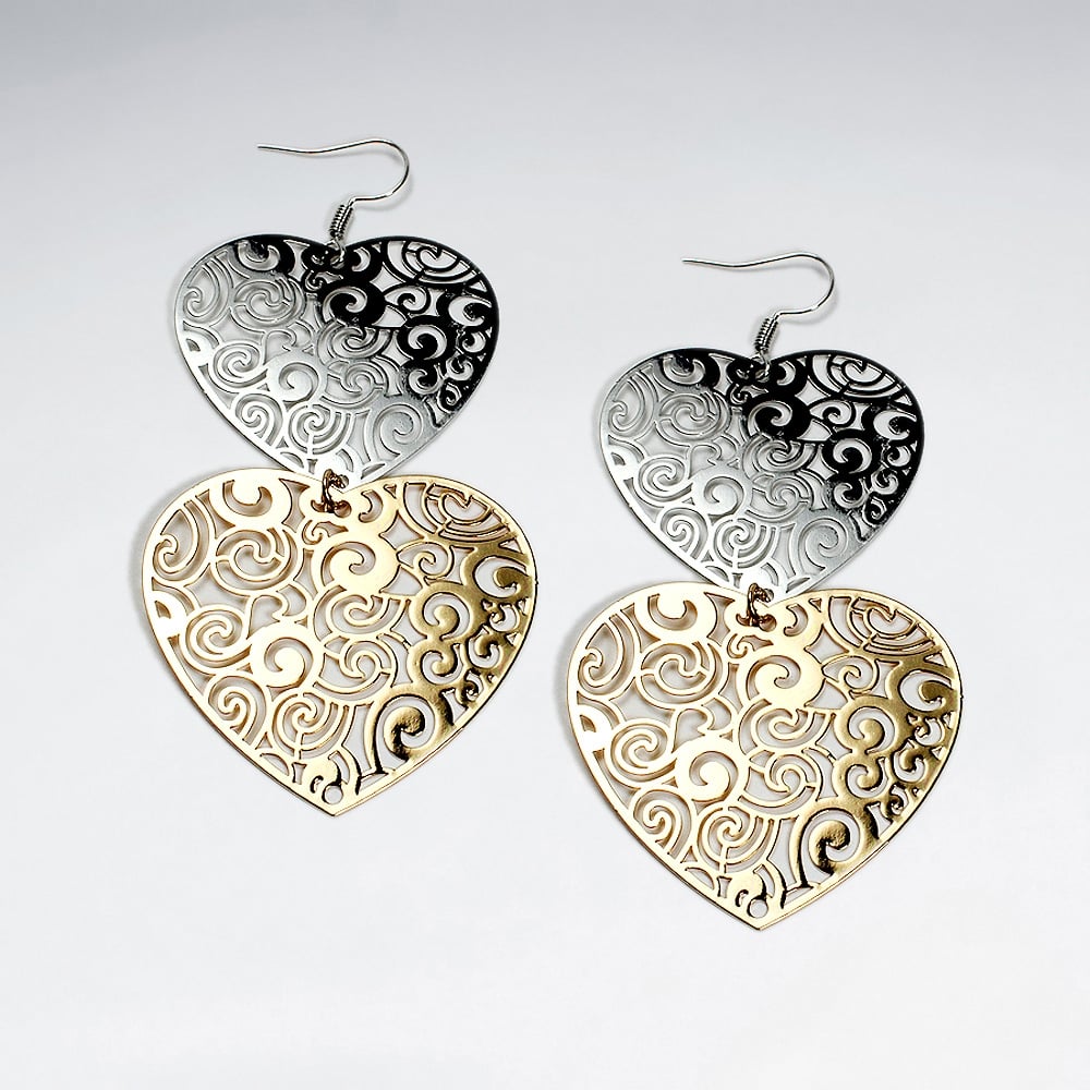 Brass Double Hearts Duel Tone Filigree Dangle Hook Earrings