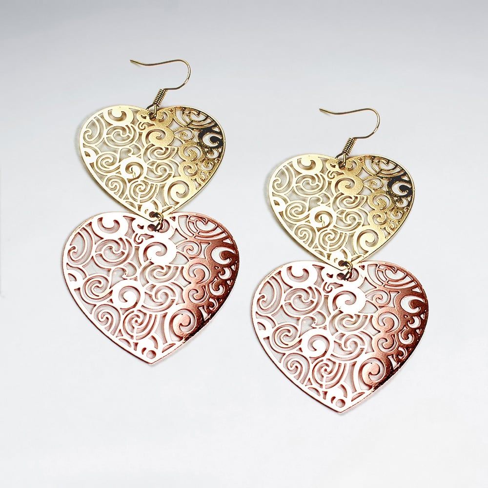 Brass Double Hearts Duel Tone Filigree Dangle Hook Earrings