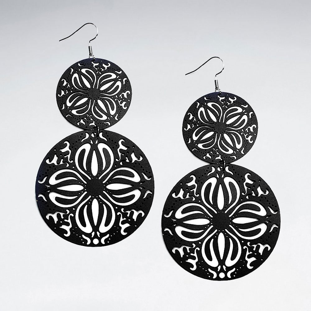 Black Brass Flowers Cutout Circle Disc Gradual Drop Hook Earrings