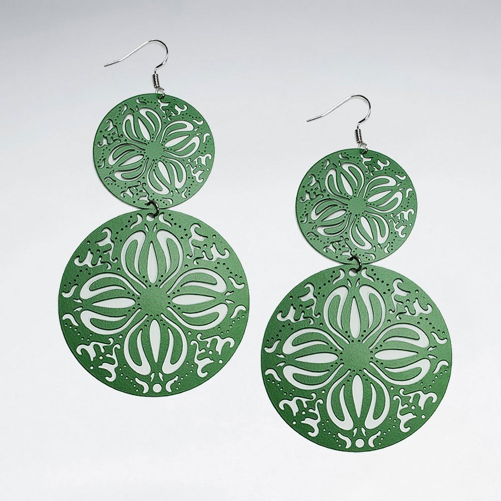 Black Brass Flowers Cutout Circle Disc Gradual Drop Hook Earrings