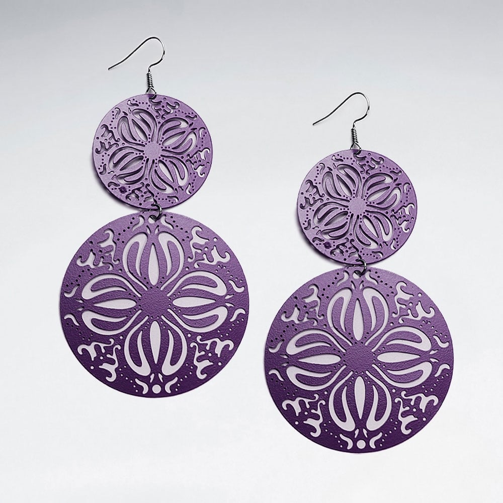 Black Brass Flowers Cutout Circle Disc Gradual Drop Hook Earrings