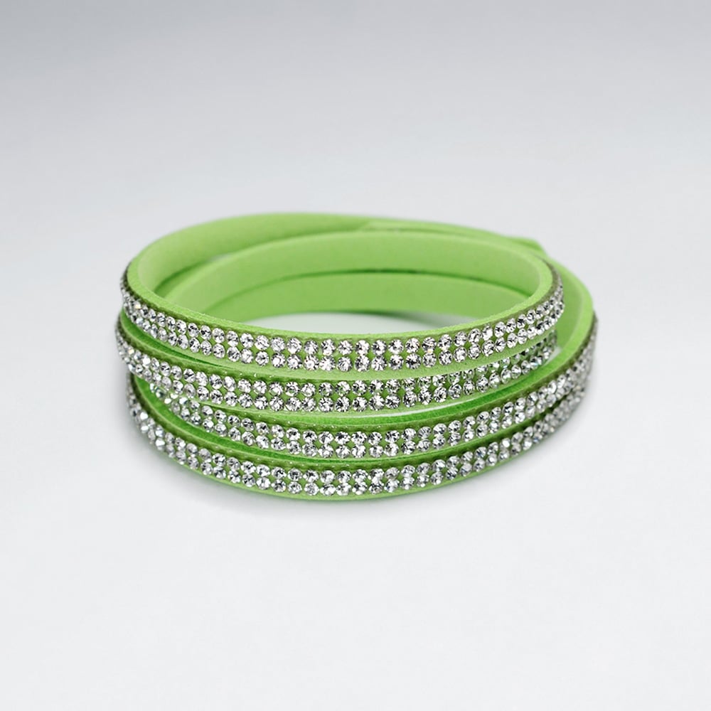 Multi Wrap Green Leather Silver Adorned Bracelet