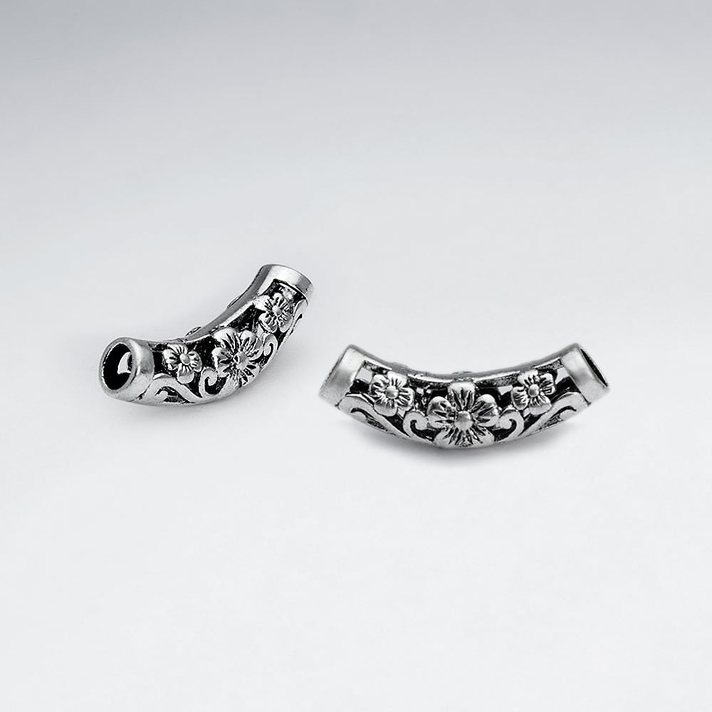 Brass Oxidized Curved Openwork Flower Long Bead Pack Of 5 Pieces