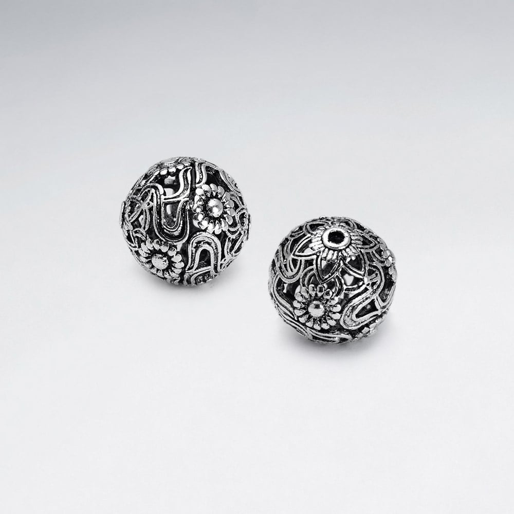 Brass Oxidized  Ornate Floral Ball Bead Pack Of 5 Pieces
