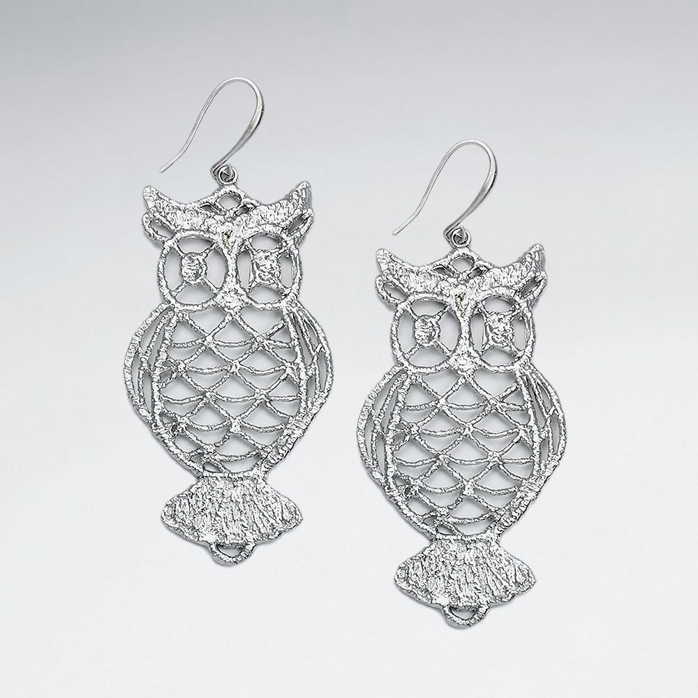 Brass Detailed Openwork Owl Hook Earrings