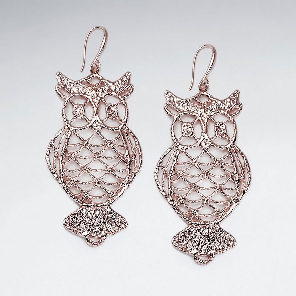 Brass Detailed Openwork Owl Hook Earrings
