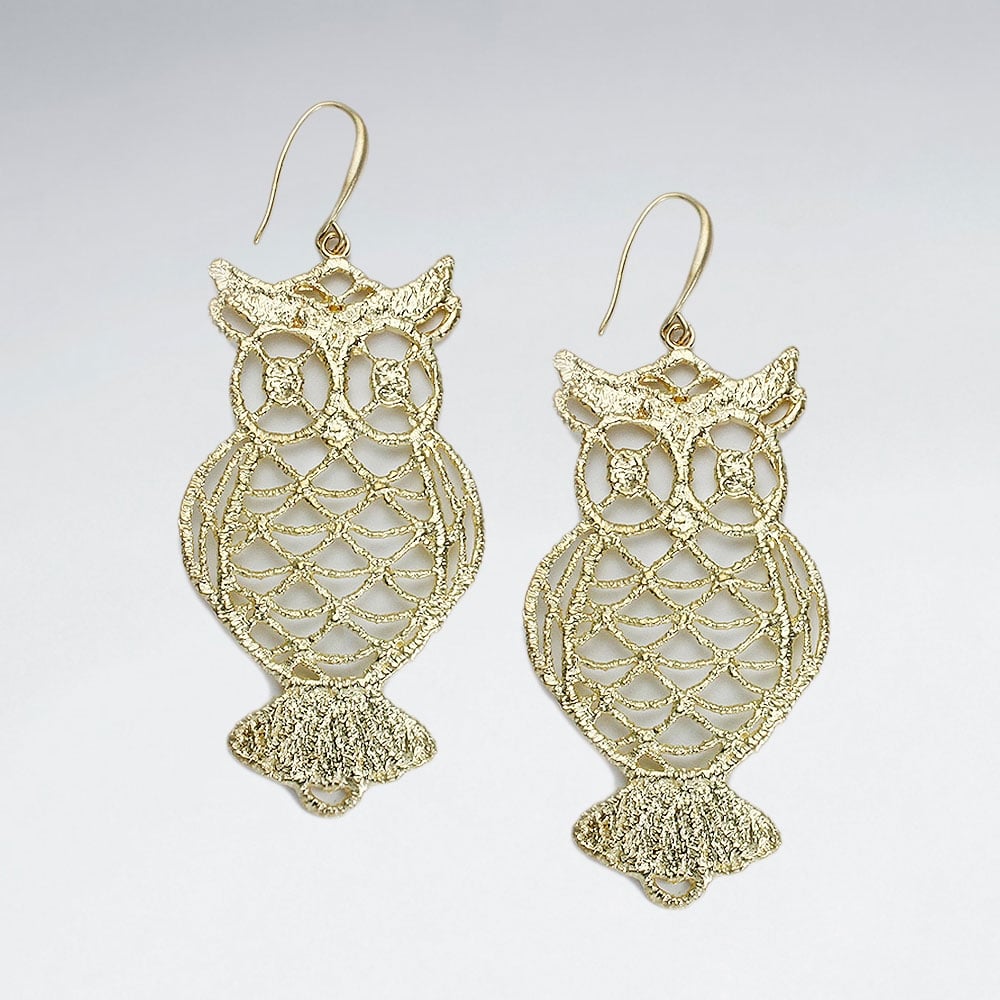 Brass Detailed Openwork Owl Hook Earrings