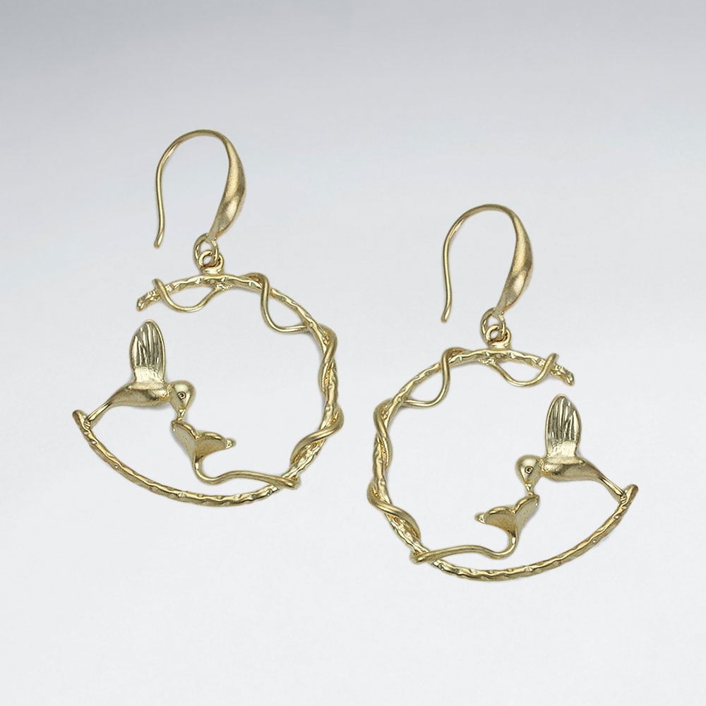 Brass Half Hoop Hummingbird Hook Earrings