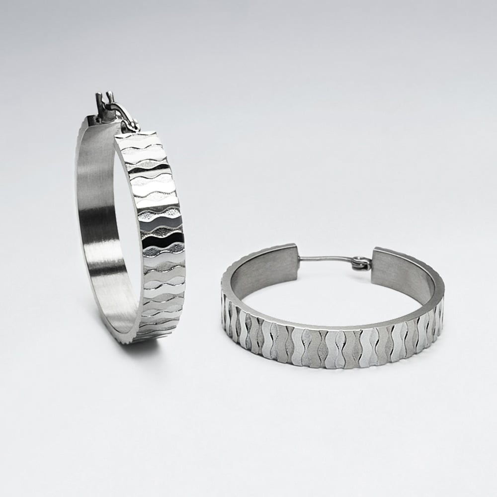 Stainless Steel Textured Flat Hoop Earrings