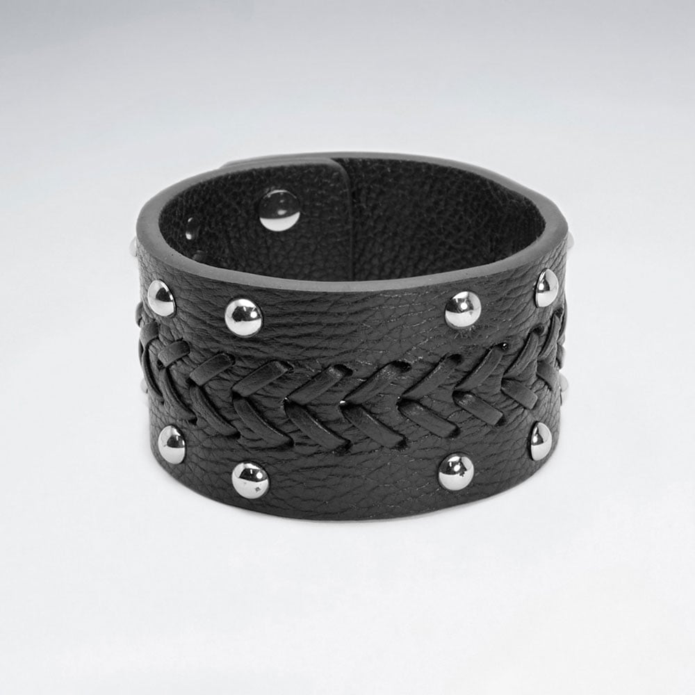 Wide Studded Stainless Steel Leather Bracelet