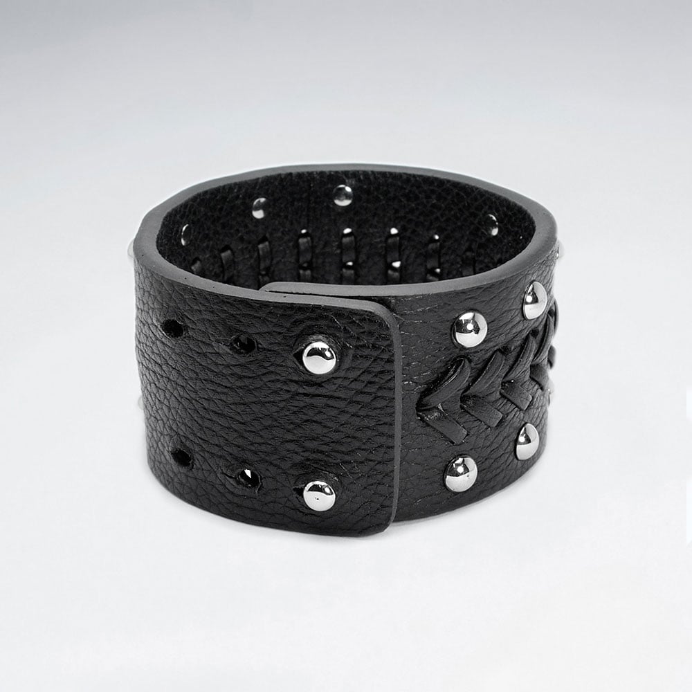 Wide Studded Stainless Steel Leather Bracelet
