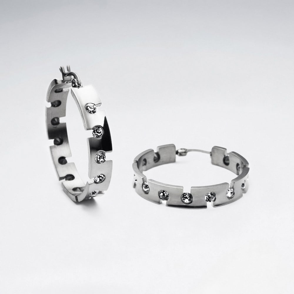 Mod Edge Stainless Steel & Crystal Studded Hoop Earrings