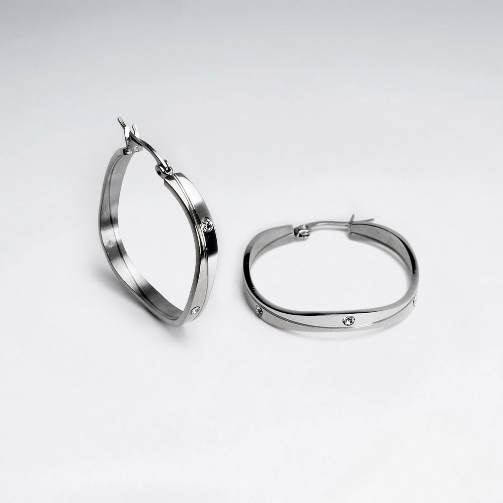 Stainless Steel & Crystal Lined Box Hoop Earrings