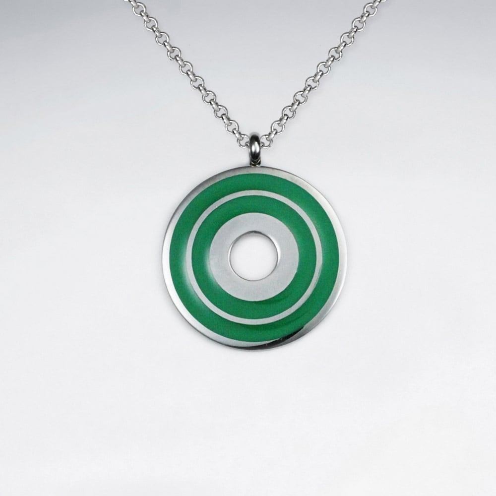 Stainless Steel Green Open Circle Target Pendant