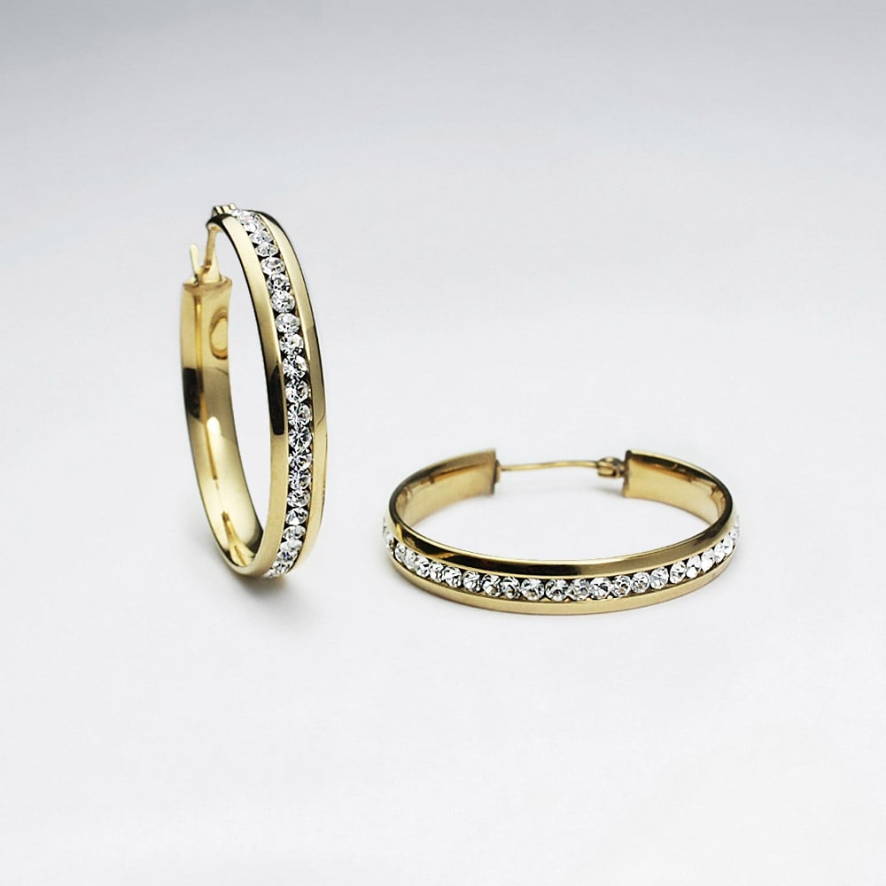 Stainless Steel & Crystal Wrapped Gold Tone Hoop Earrings