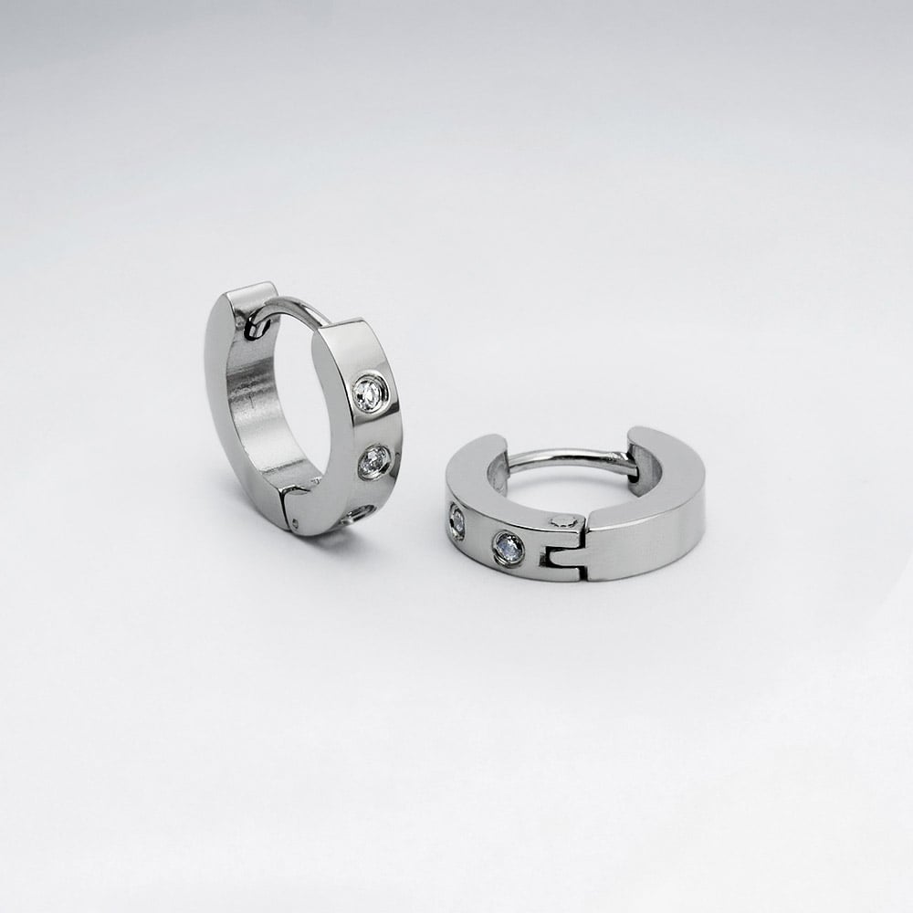 Demur Stainless Steel & Crystal Studded Huggie Hoop Earrings