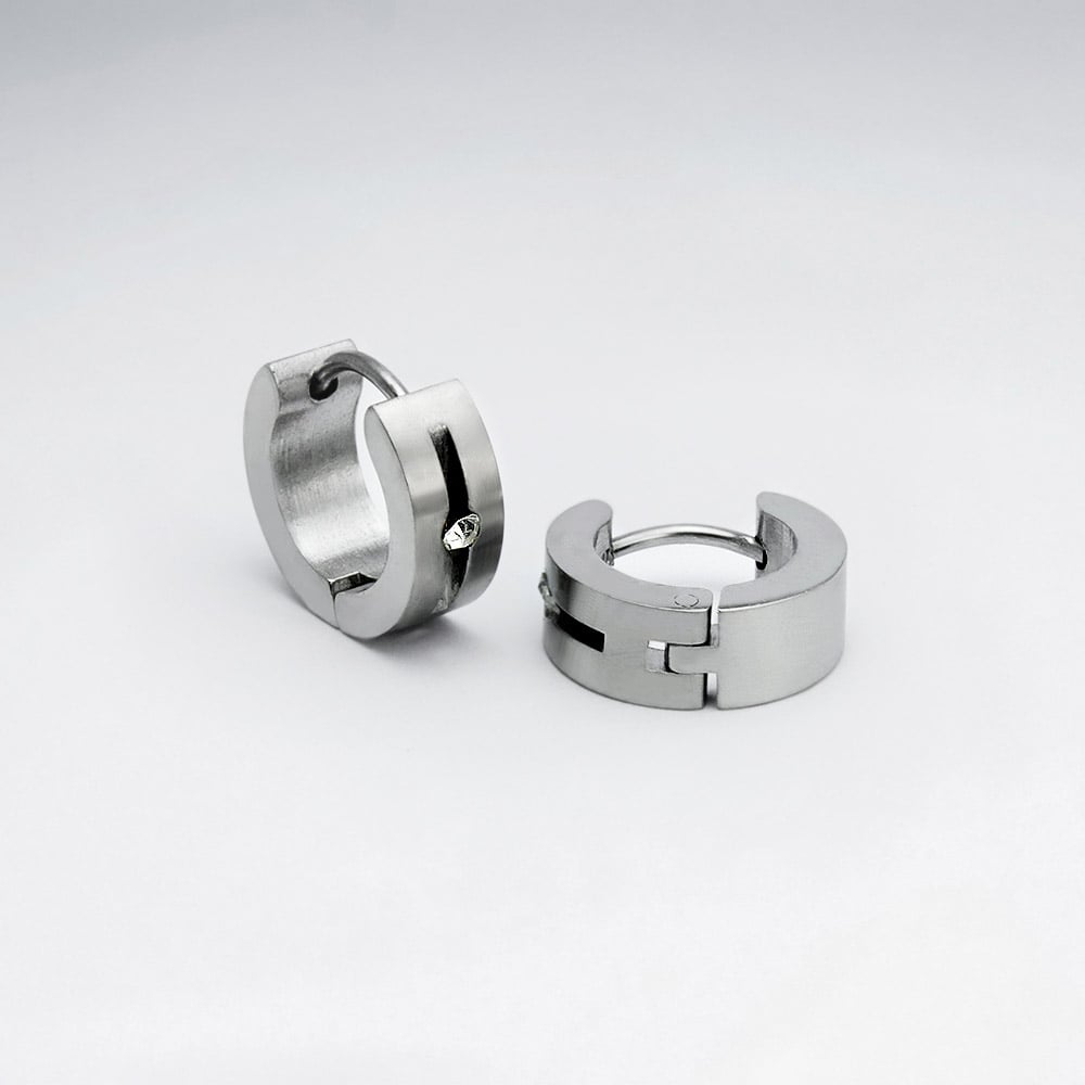 Stainless Steel & Crystal Grooved Huggie Hoop Earrings