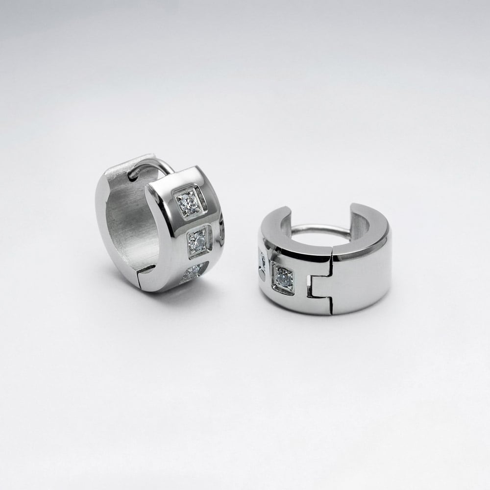 Stainless Steel  Boxed Style Crystal Huggie Hoop Earrings