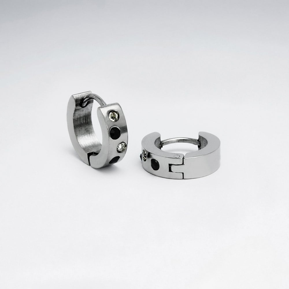 Stainless Steel Crystal Patterned Huggie Hoop Earrings