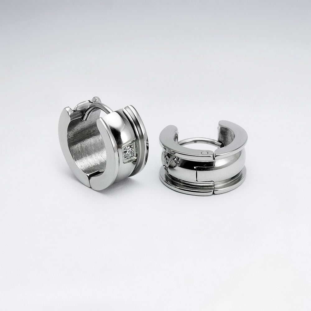 Stainless Steel Grooved and Detailed Crystal Studded Huggie Hoop Mini Earrings