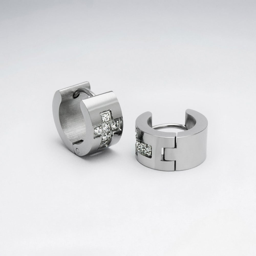 Stainless Steel  Crystal Cross Huggie Hoop Earrings