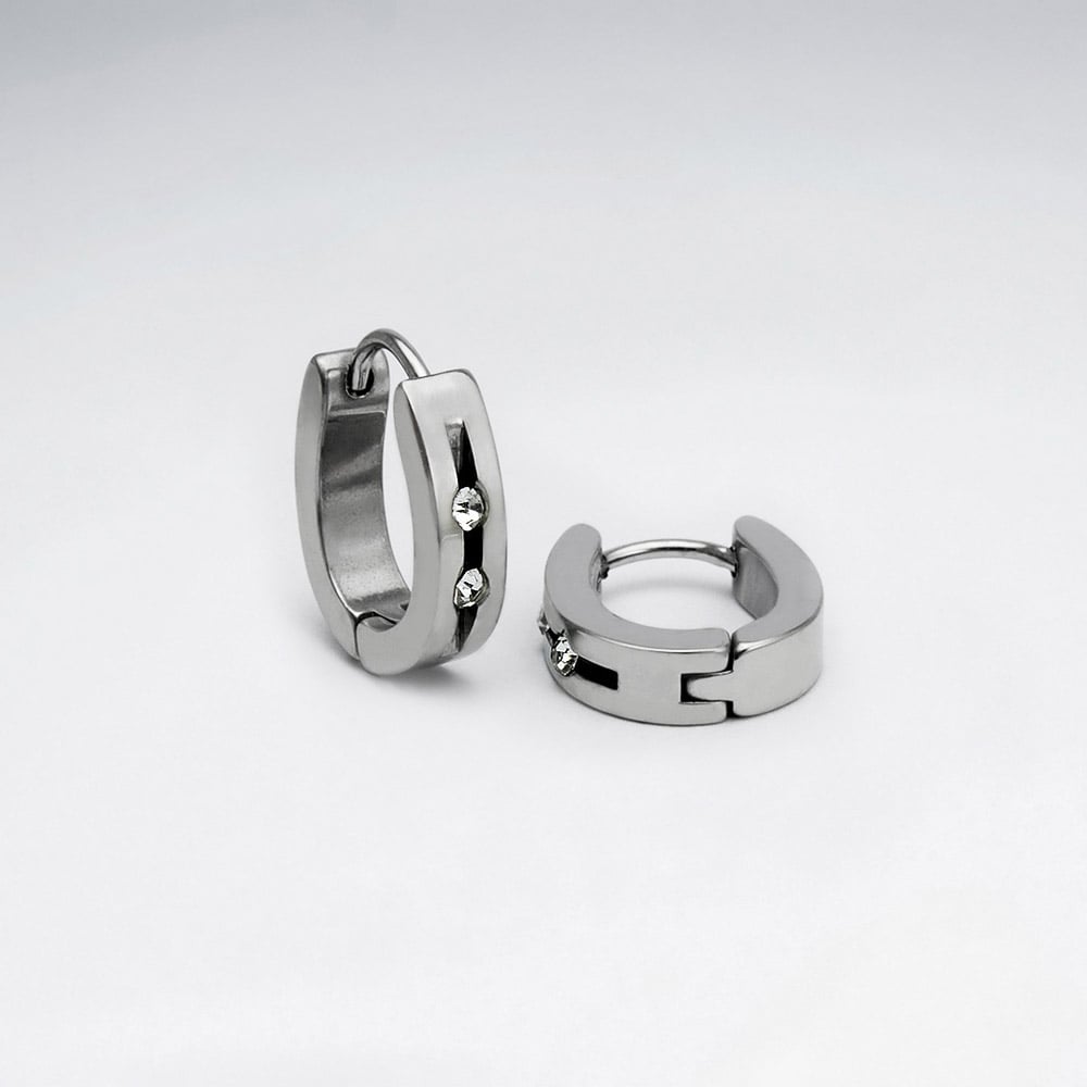 Stainless Steel & Crystal Studded Huggie U-Hoop Earrings