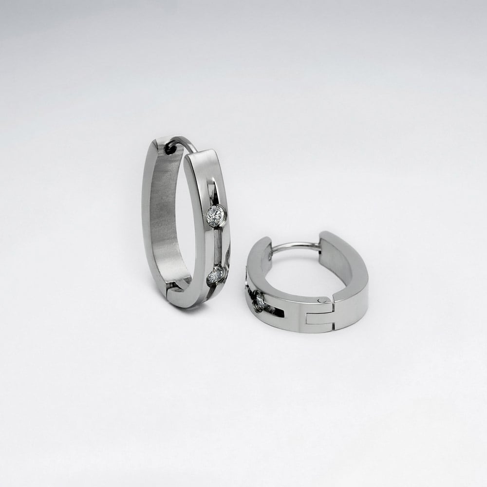 Stainless Steel Grooved Crystal U-Hoop Earrings