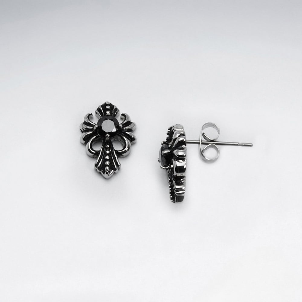 Black Jet Stainless Steel Ornate Cross Oxidized Earring