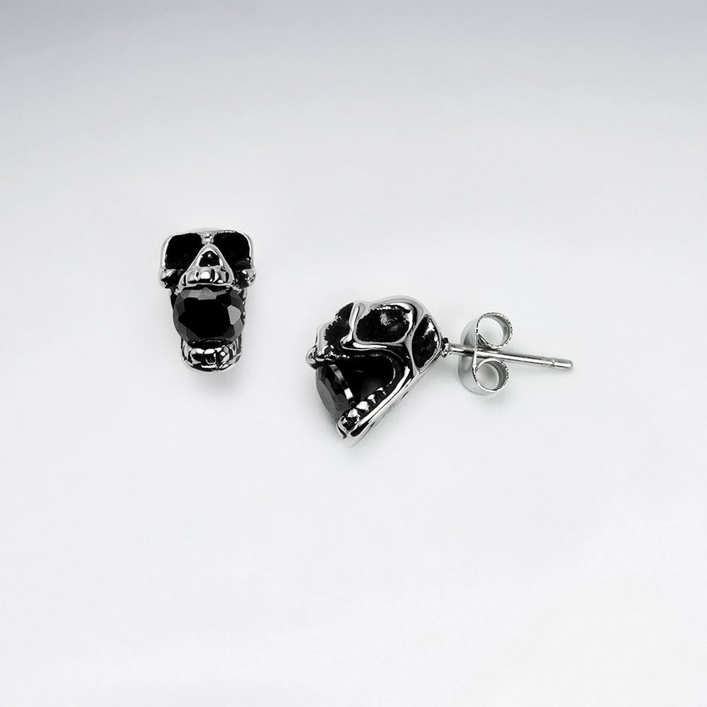 Black Jet Stainless Steel Oxidized Skull Earrings
