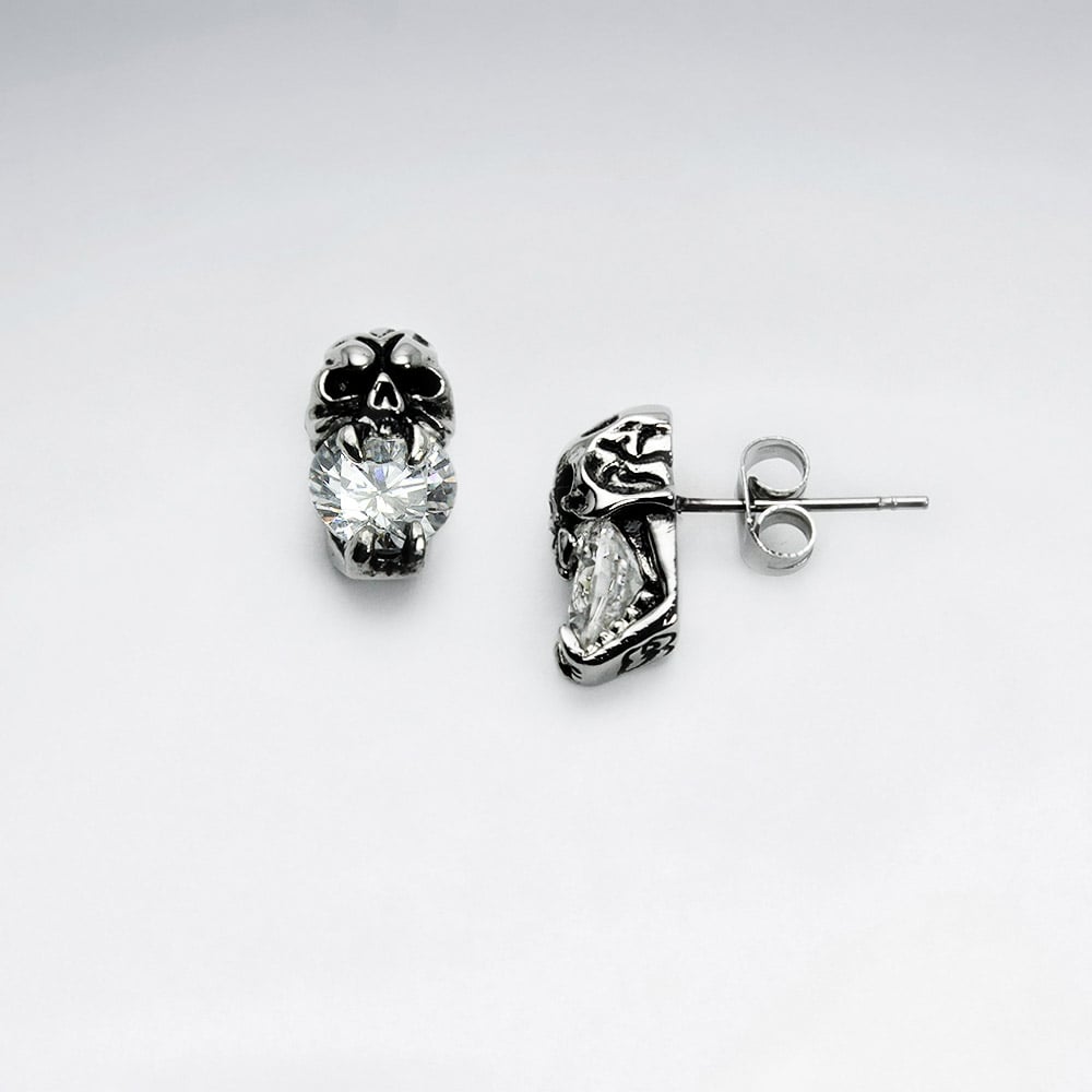Stainless Steel Oxidized Cursed Skull Crystal Earrings