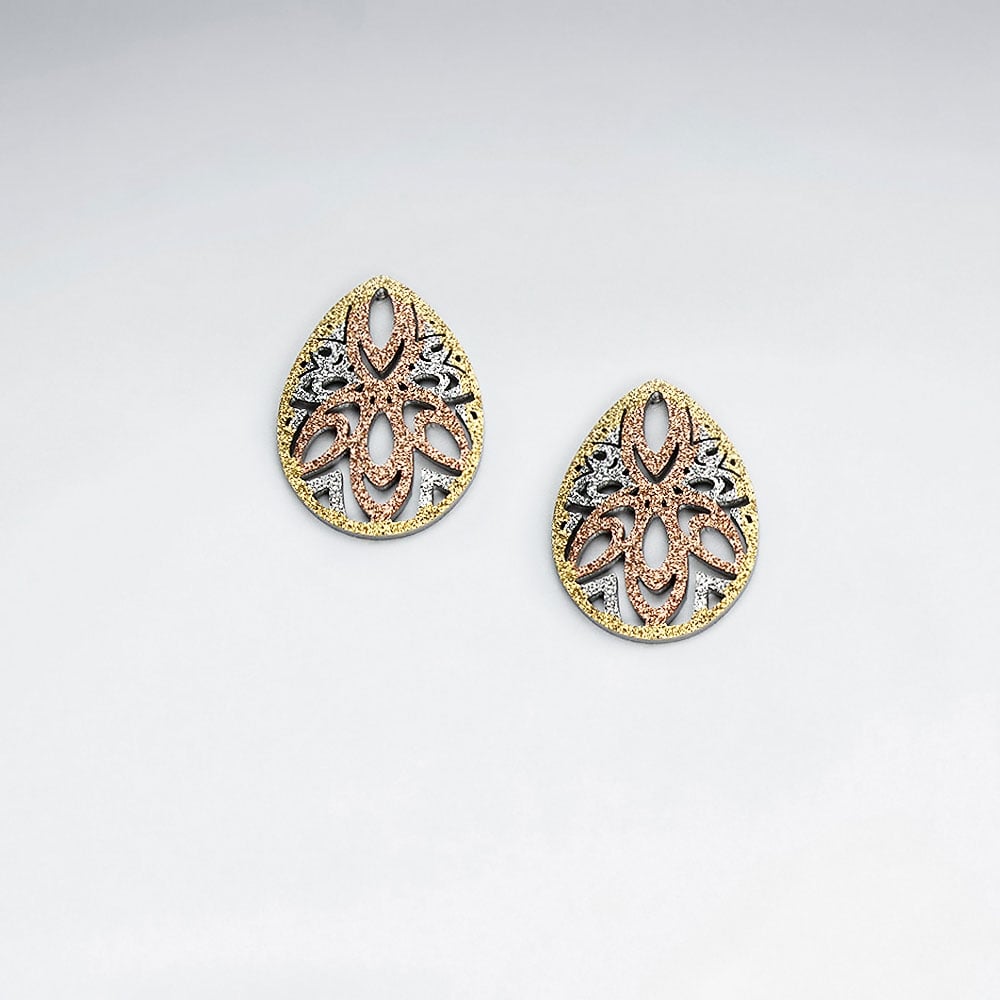 Stainless Steel Openwork Tri-Tone Egg Shaped Earrings