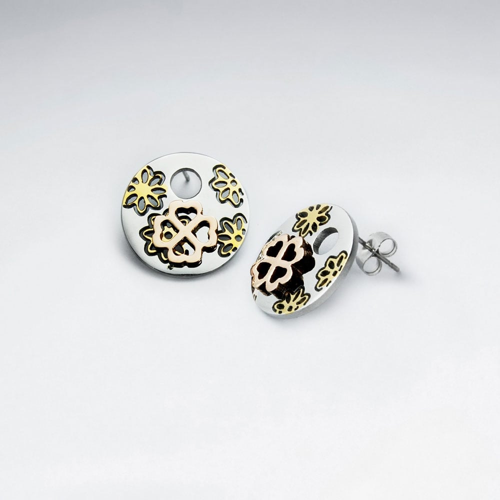 Stainless Steel Dimensional Organic Flower Circle Silhouette Earrings
