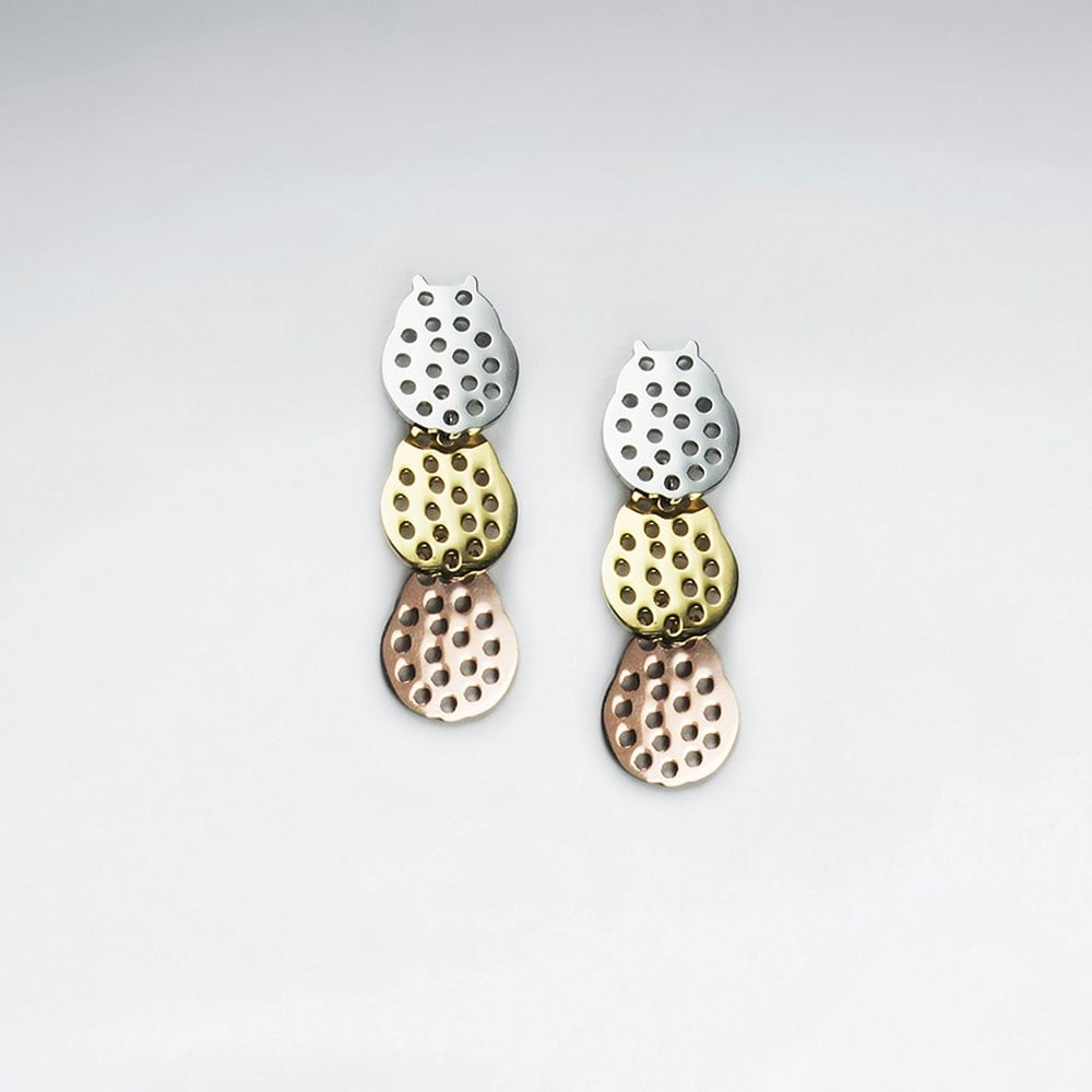 Tri-Tone Cascade Perforated Circle Drop Stainless Steel Earrings