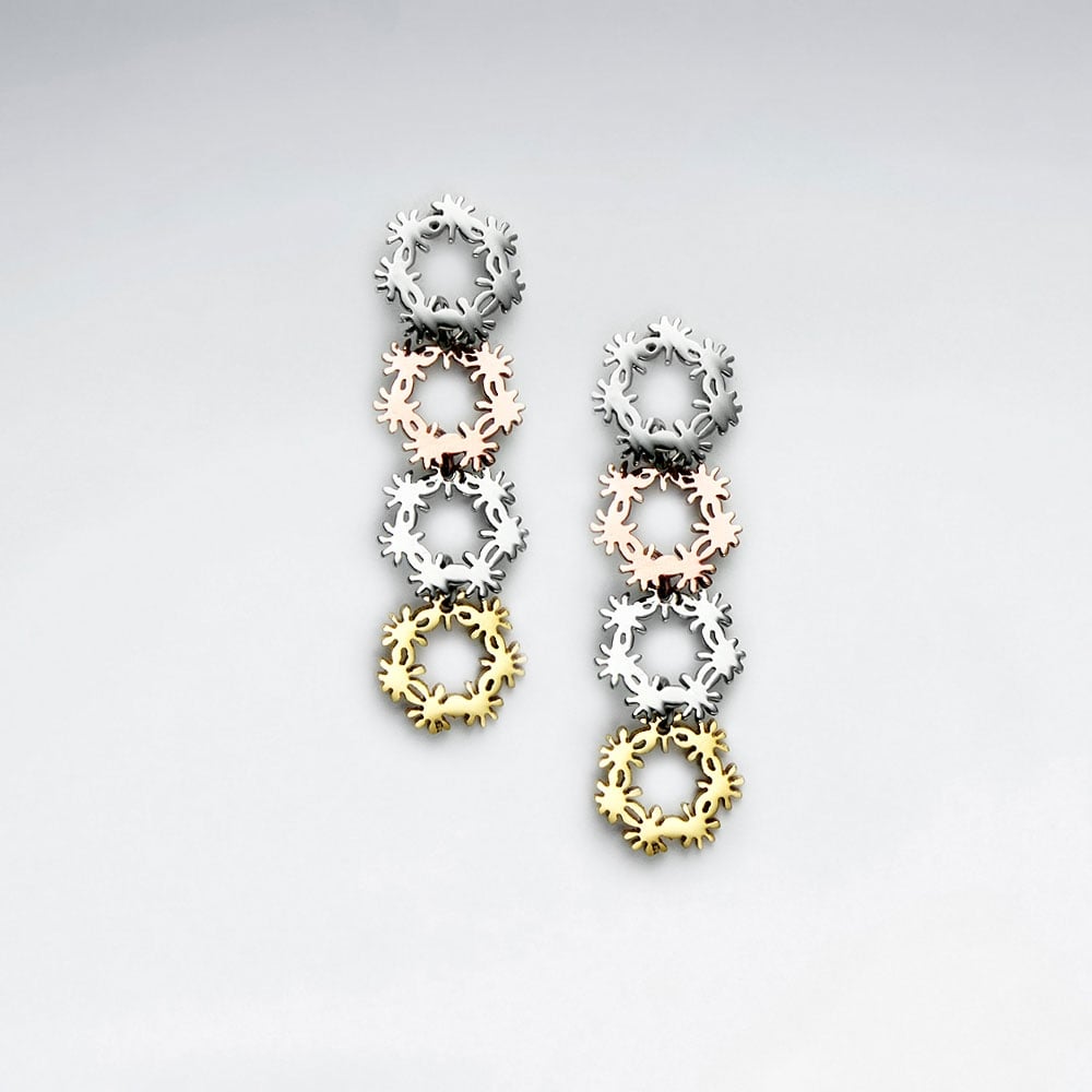 Stainless Steel Tri-Tone Circle Wreath Cascade Earrings