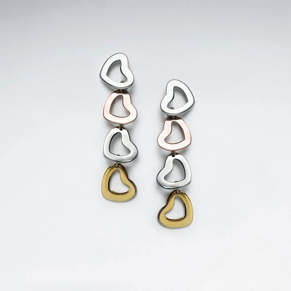 Stainless Steel Multi-Hued Open Hearts Cascade Drop Earrings