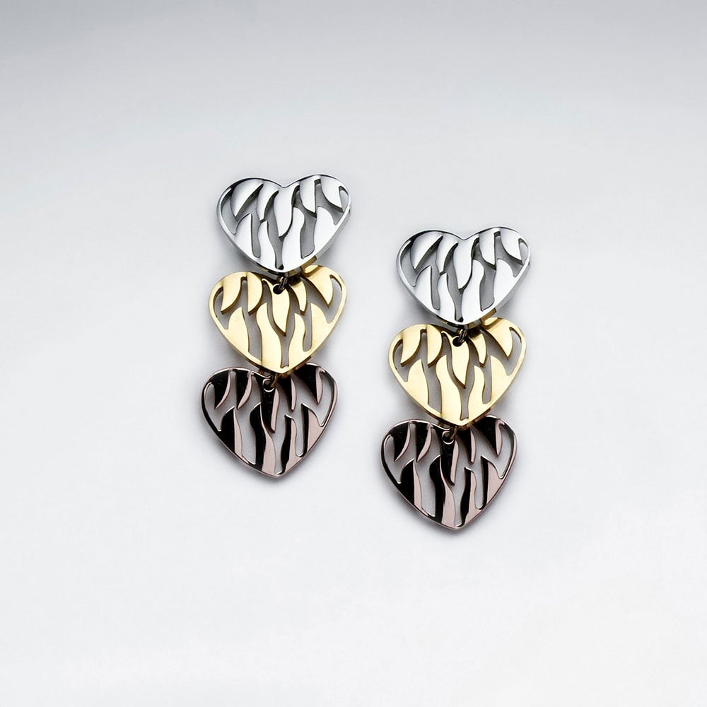 Stainless Steel Tri-Tone Zebra Hearts Openwork Cascade Earrings