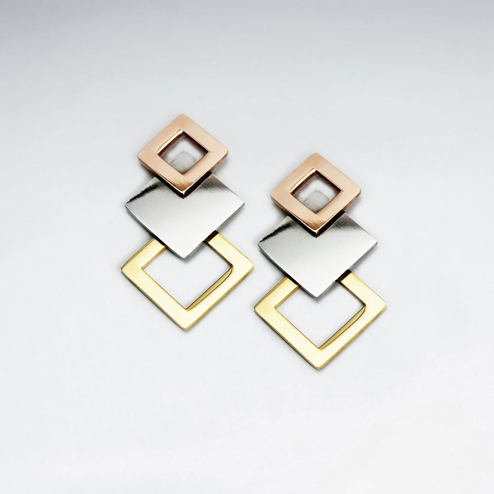 Geometric Stainless Steel Tri-Tone Cascade Earrings