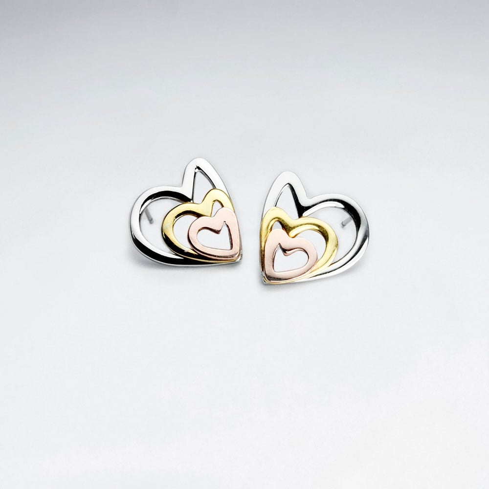 Stainless Steel Tri-Tone Overlapping Open Hearts Earrings
