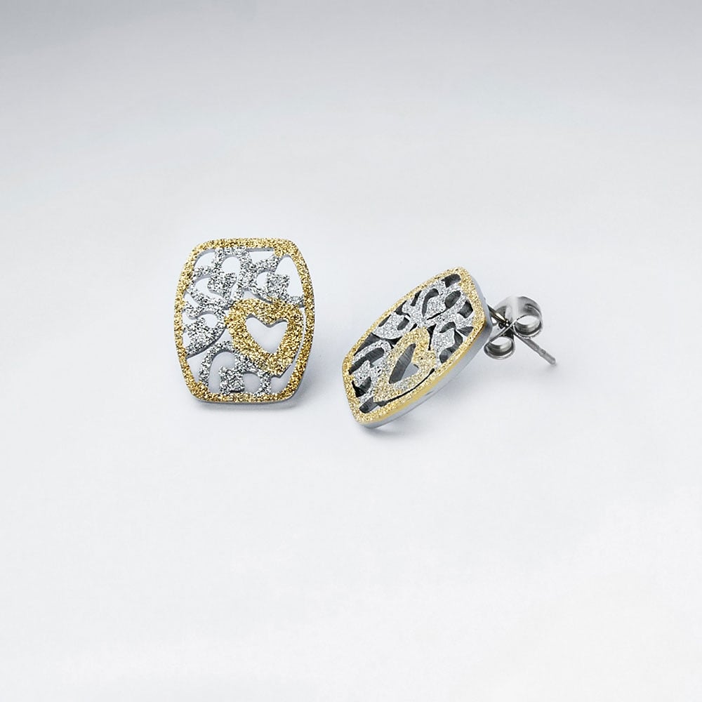 Stainless Steel Duel Tones Hearts & Design Textured Earrings