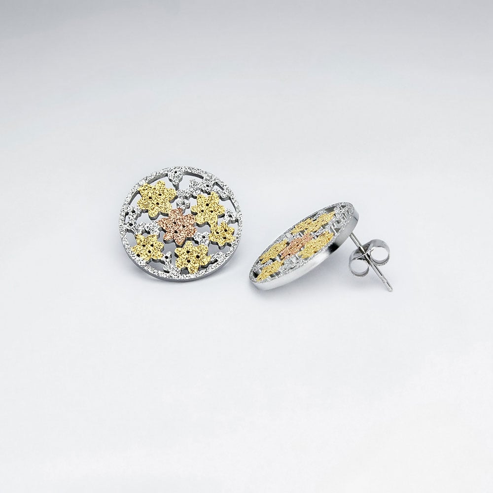 Stainless Steel Circle Multi-Hued Flower Textured Earrings