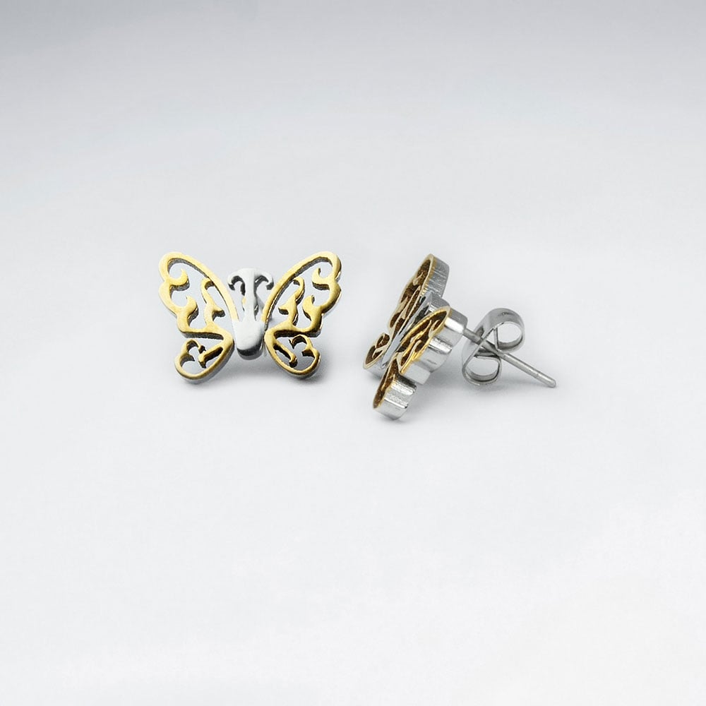 Openwork Duel Tone Butterfly Silhouette Stainless Steel Earrings