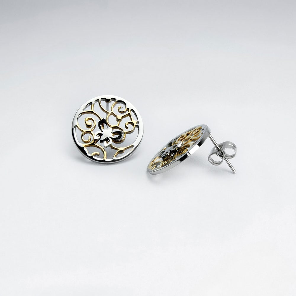 Stainless Steel Openwork Swirls and Lines Pattern Stud Earrings
