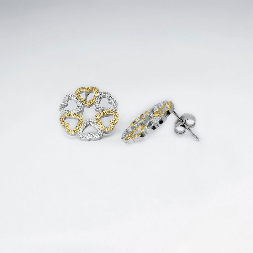Stainless Steel Textured Duel Tones Open Hearts Wreath Earrings